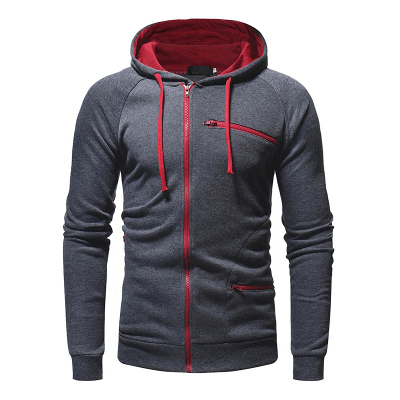 Men's solid color long sleeve zipper hoodie in dark gray with red accents, sporty and warm for casual wear or gym, product code SF1225.